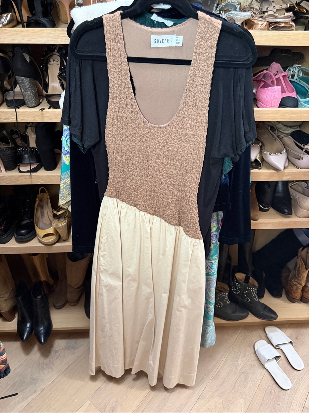 Sovere Two-Tone Knit Bodice Midi Dress in Tan and Cream